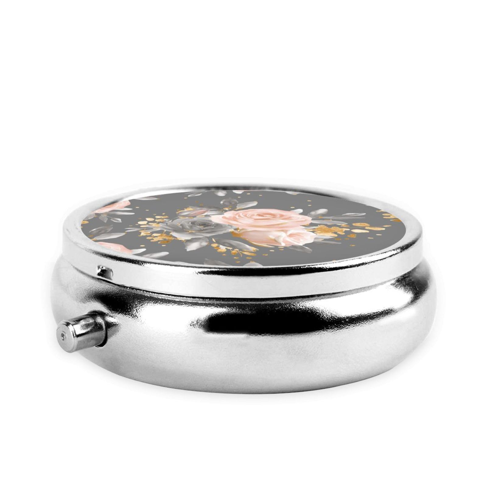 keluki Golden Blush Roses On Gray Watercolor Glitter Flowers Print Round Metal Pill Box with 3 Compartment for Pocket or Purse T