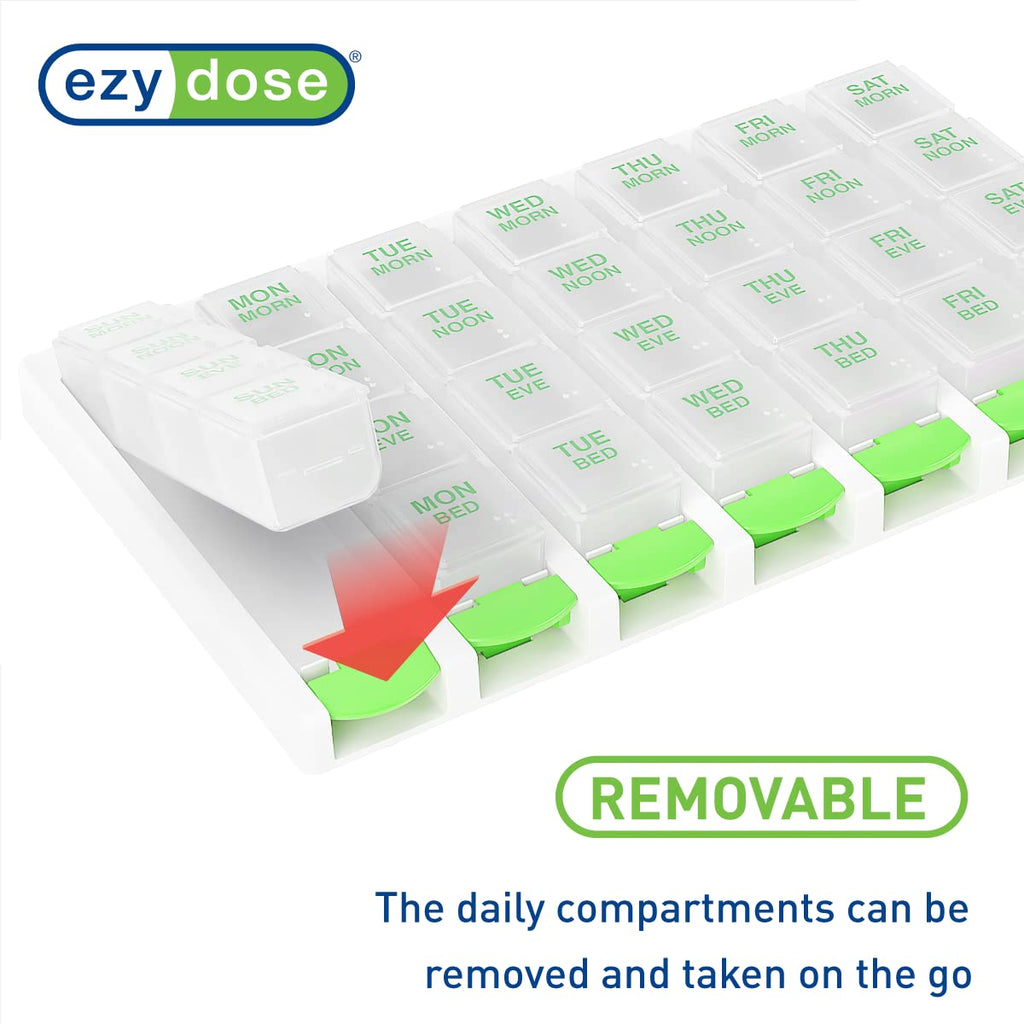 EZY DOSE Weekly (7 Day) 4 Times a Day Push Button Pill Organizer and Vitamin Planner, Removable Daily Pillboxes, Green, Convenie