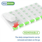 EZY DOSE Weekly (7 Day) 4 Times a Day Push Button Pill Organizer and Vitamin Planner, Removable Daily Pillboxes, Green, Convenie