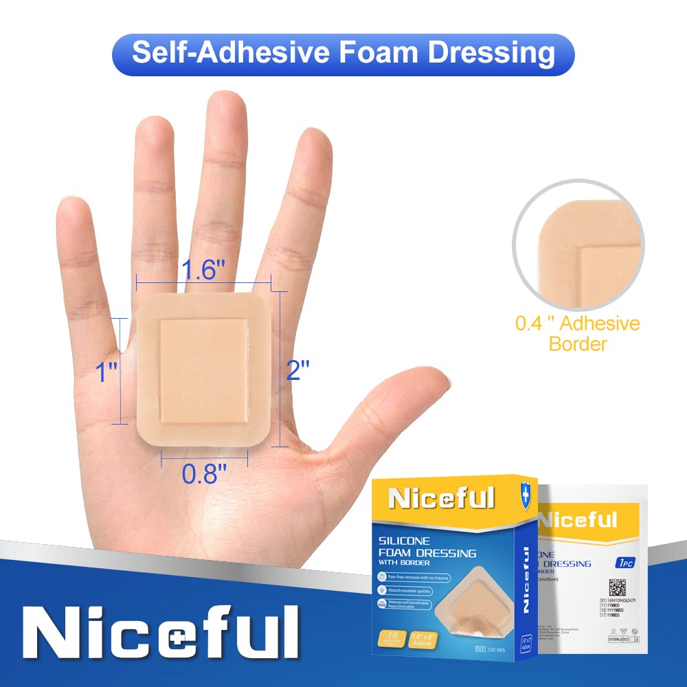 Niceful 10 Count Silicone Foam Dressing 1.6 x 2, Wound Dressing for Minor Surgical Incisions, Abrasions, Absorbent Silicone Band