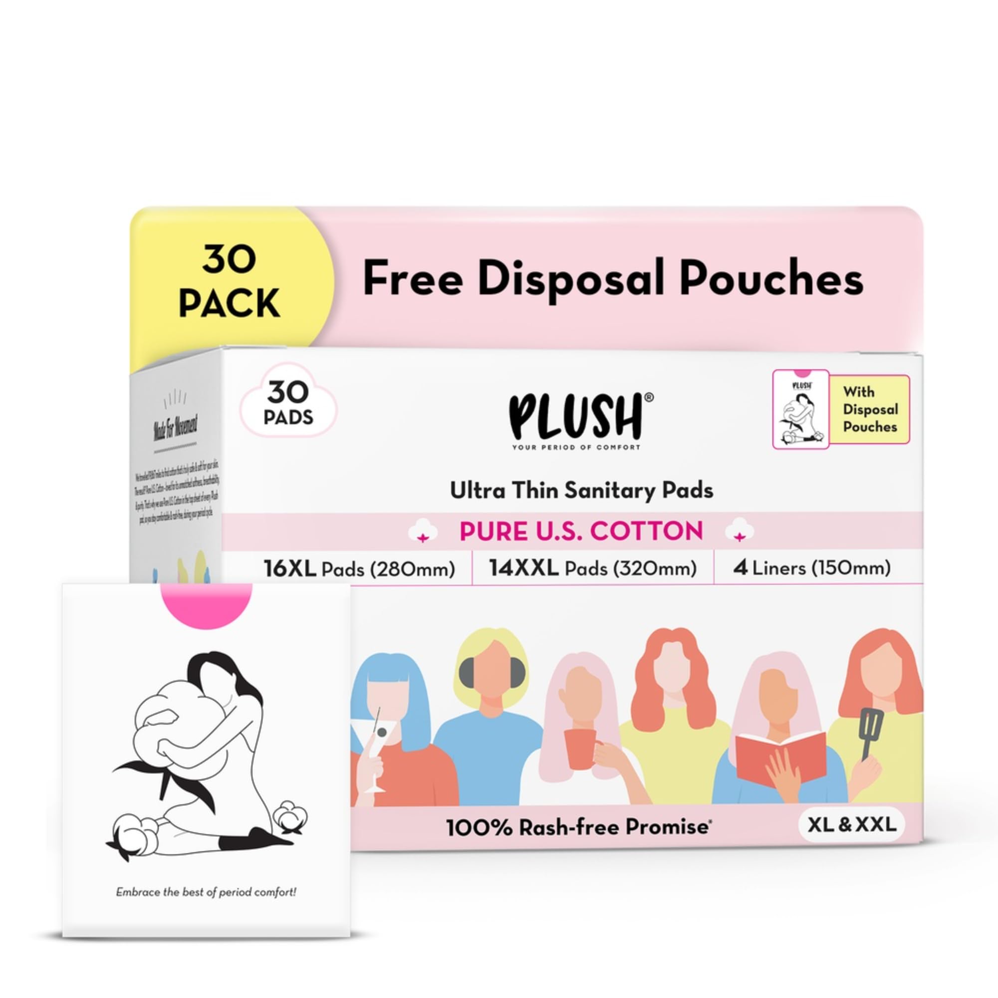 Plush UltraThin Sanitary Napkins For Women, 30 Pcs | 16 Xl Pads (LightMedium Flow), 14 Xxl Pads (Heavy Flow), 4Panty Liners | 