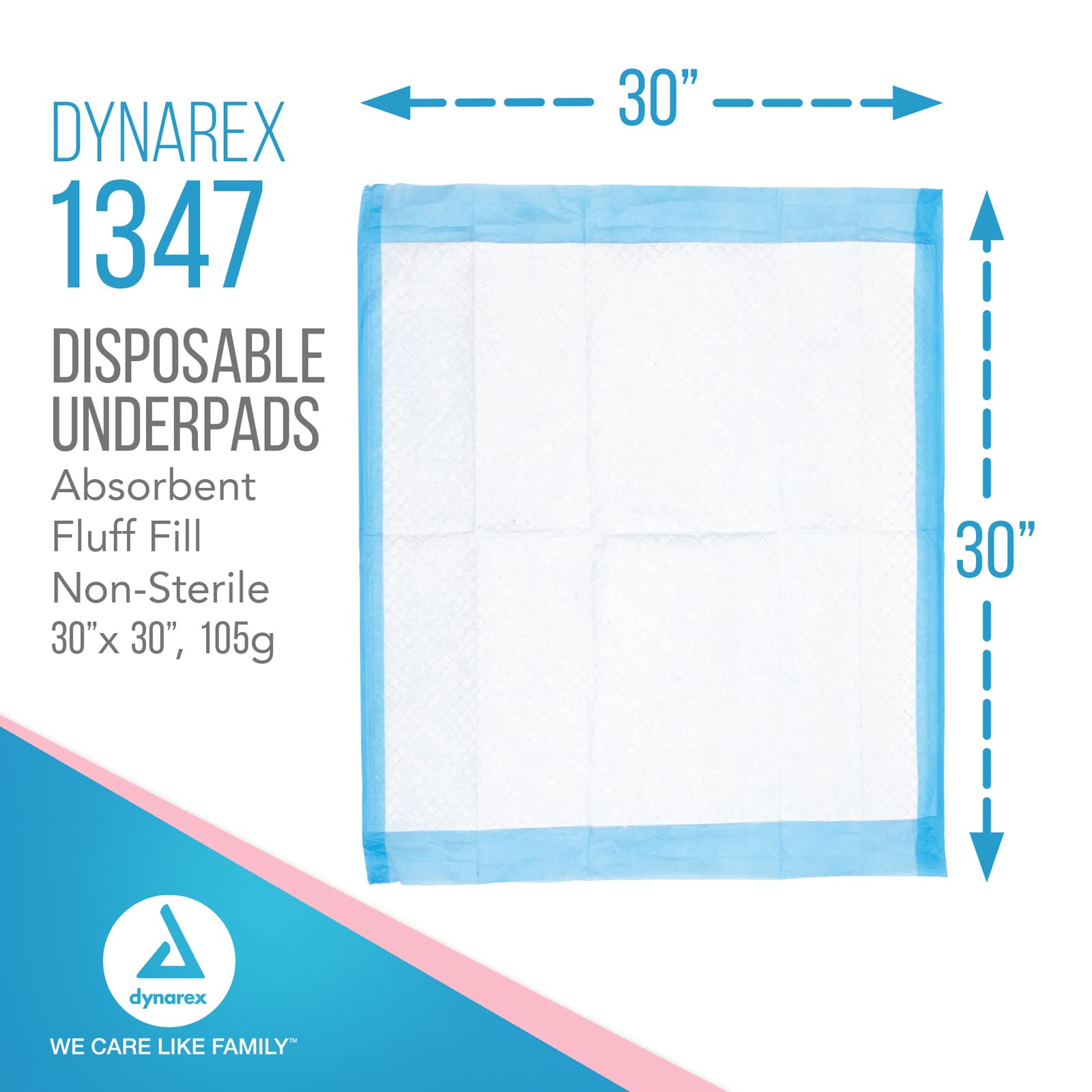 Dynarex Disposable Underpads, Medical-Grade Incontinence Bed Pads to Protect Furniture, 30   x30    (105g), with Polymer, 1 Case