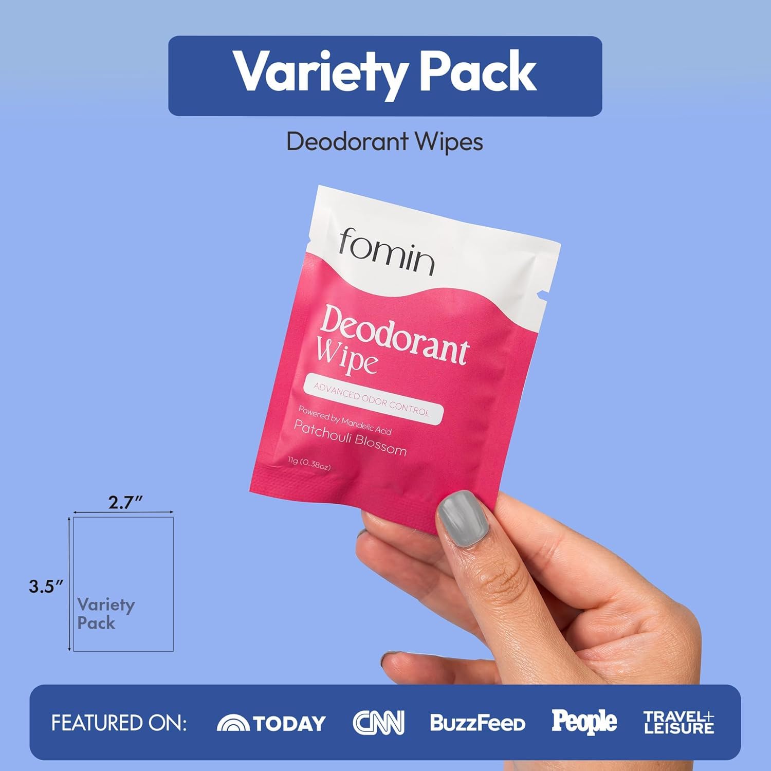FOMIN Acidified Travel Deodorant Wipes For Women & Men - 50 Count - Variety Pack - pH Balanced, Mini Deodorant Travel Size Wipes
