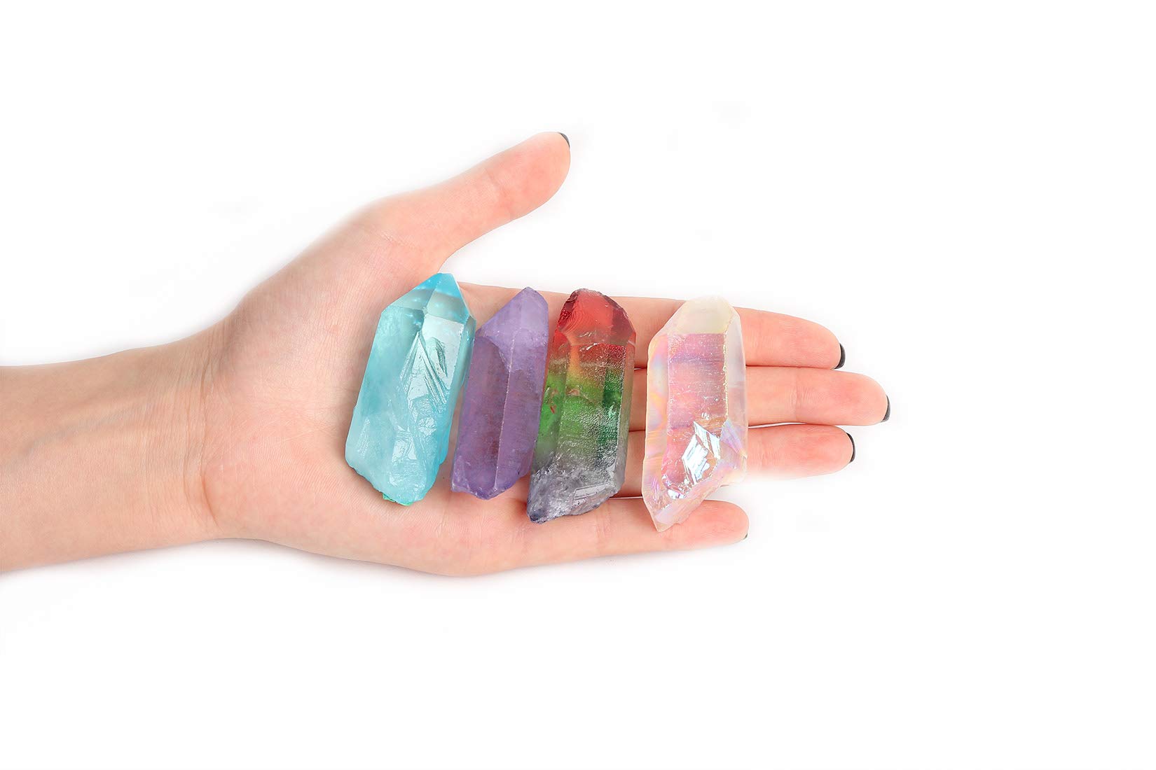JIC Gem 4 pcs Auqa Aura, Angel Aura, Angel Amethyst, Tourmaline Healing Crystal Single Point Wand Natural Gemstone Polished Tumb