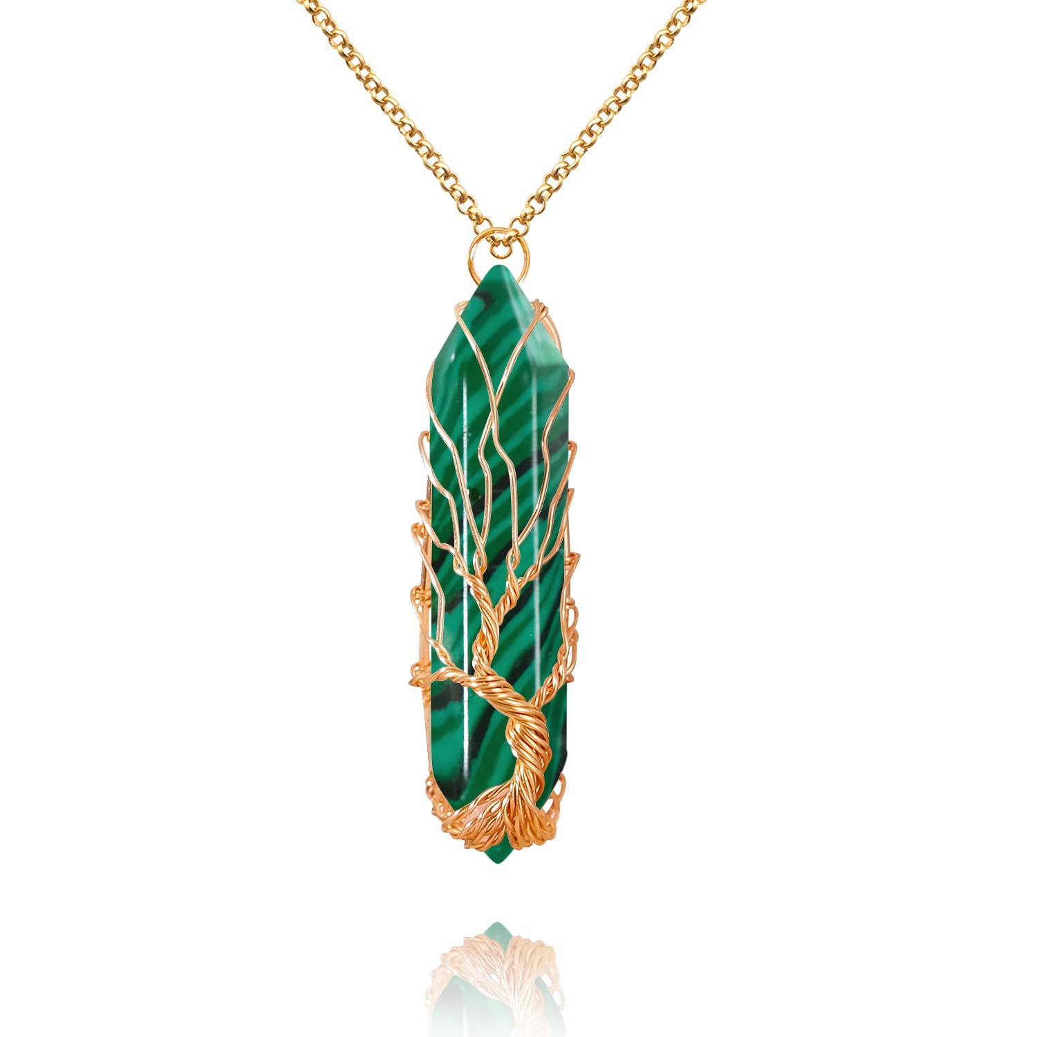 VIBILIA Healing Crystal Necklace Tree of Life Wire Wrapped Malachite Stone Point Pendant Necklace Hexagonal Reiki Spiritual Quar