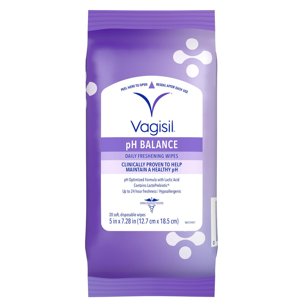 Vagisil pH Balance Daily Freshening Wipes for Feminine Hygiene in Resealable Pouch, Gynecologist Tested & Hypoallergenic, 20 Wip