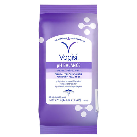 Vagisil pH Balance Daily Freshening Wipes for Feminine Hygiene in Resealable Pouch, Gynecologist Tested & Hypoallergenic, 20 Wip