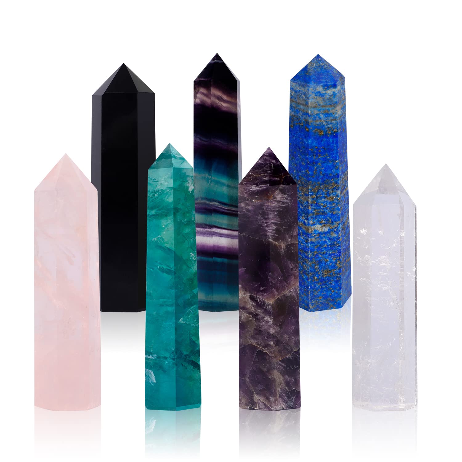 Crystal Wands | 3 Healing Amethyst, Rose Quartz,Clear Quartz,Black Obsidian,Green Fluorite, Lapis Lazuli,Rainbow Fluorite| 6 Fac
