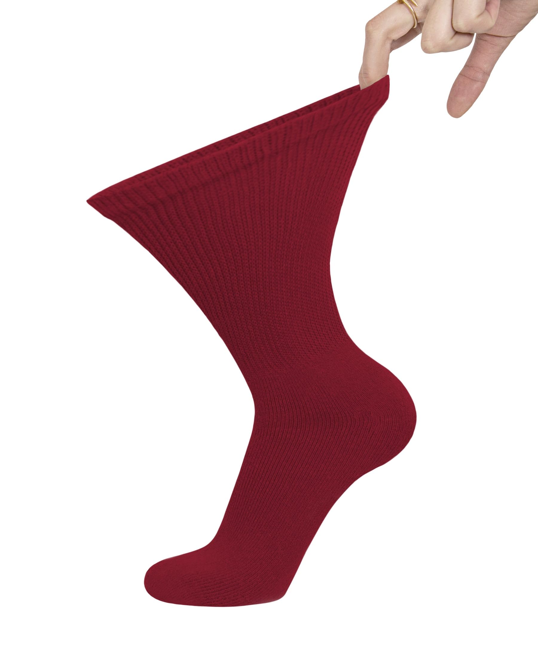 6 Pairs of Cotton Diabetic Non-Binding Neuropathy Crew Socks (Red, Fits Mens Shoe Size 12-14.5)