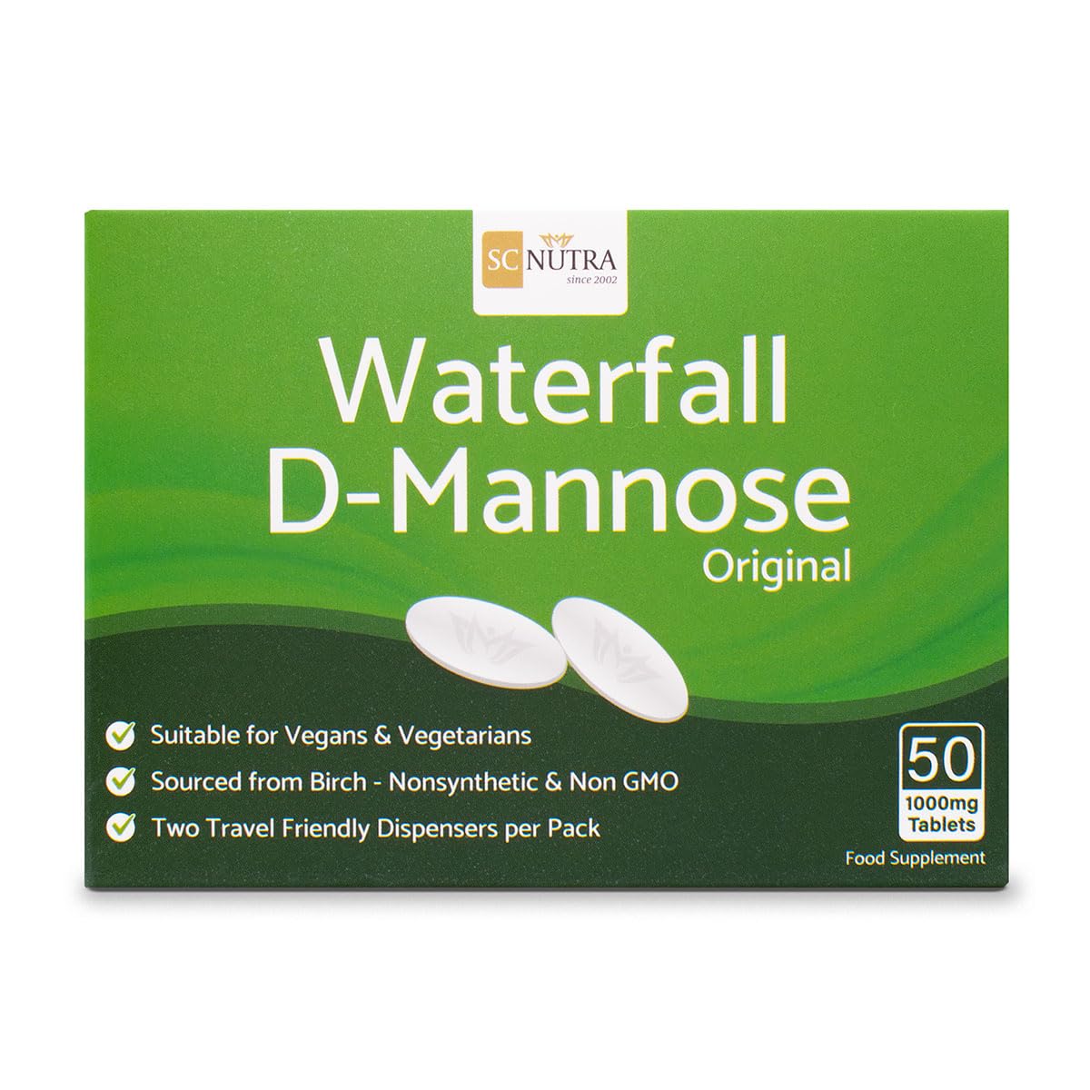 D-Mannose Tablets 1000mg - Waterfall D-Mannose sourced Naturally from Birch - 50 Tablets - SC Nutra (Sweet Cures)