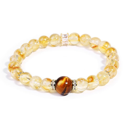 Magiriam Citrine Crystal & Tigers Eye Stretch Bracelet with Zircon Inlay | 17CM Comfortable Elastic Fit | Healing Gemstone Brace