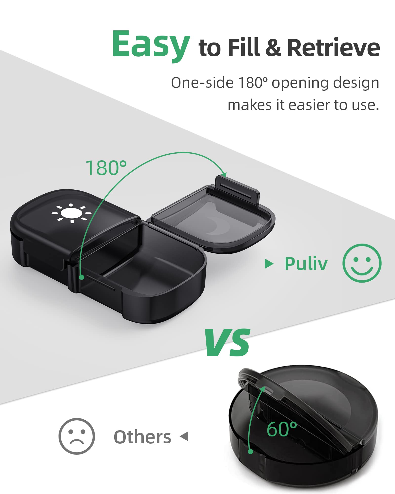PULIV Extra Large Weekly Pill Organizer 2 Times a Day, One-Side Open Pill Box 7 Day for Easy Filling, Black Privacy Protection A