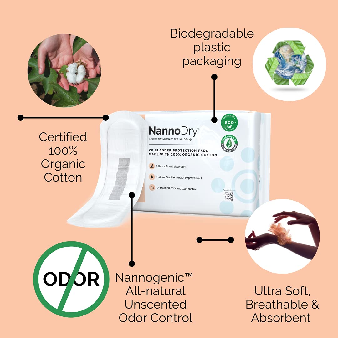 NannoDry Natural Incontinence Pads - Organic Cotton Bladder Leakage Pads - Cotton Pads for Incontinent Adults - Nannocare Super