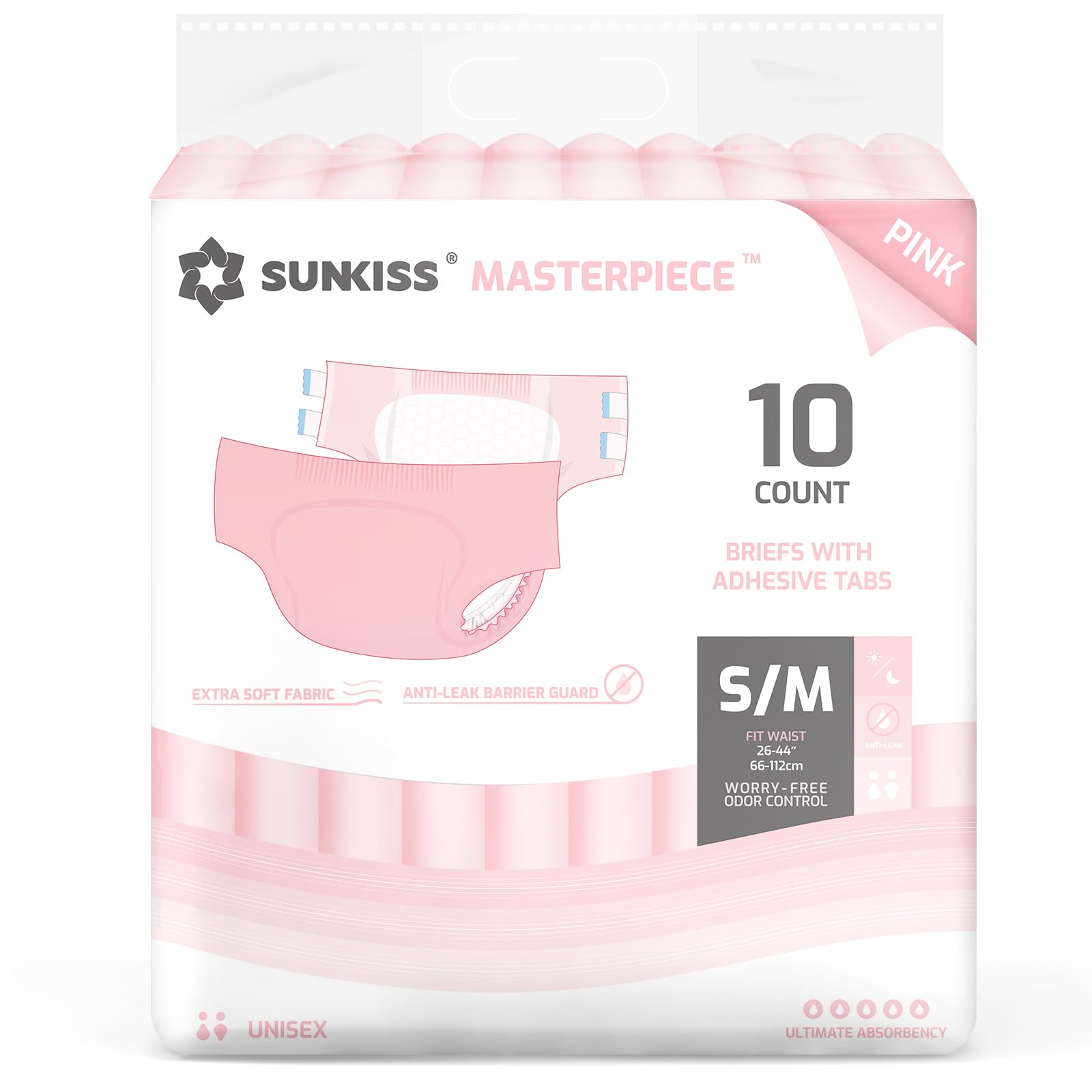 SUNKISS Masterpiece Adult Diapers with Tabs, Unisex Disposable Incontinence Briefs for Women and Men, Odor Control, Pink, Small/