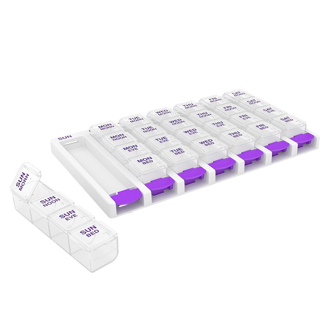 EZY DOSE Weekly (7-Day) Pill Case, Medicine Planner, Vitamin Organizer Box, 4 Times a Day, Small Removable Compartments, Covenie