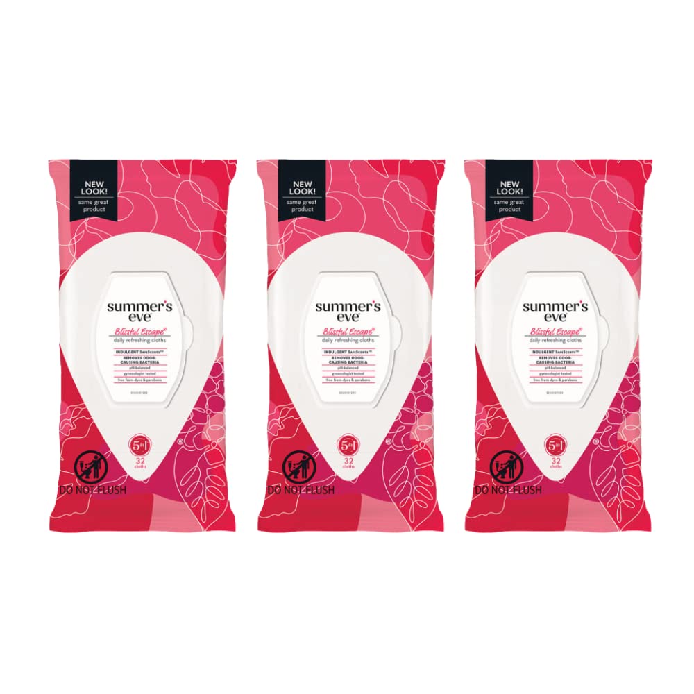 Summers Eve Blissful Escape Daily Refreshing Feminine Wipes, Removes Odor, pH balanced, 32 Count, (Pack of 3)