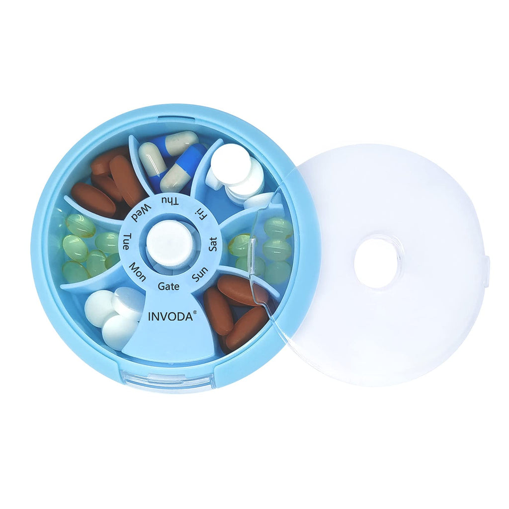 Pill Organizer Travel Pill Cases Weekly Cute Round Pill Box Purse Pill Container Portable Small Medicine Organizer (Blue+Bag)