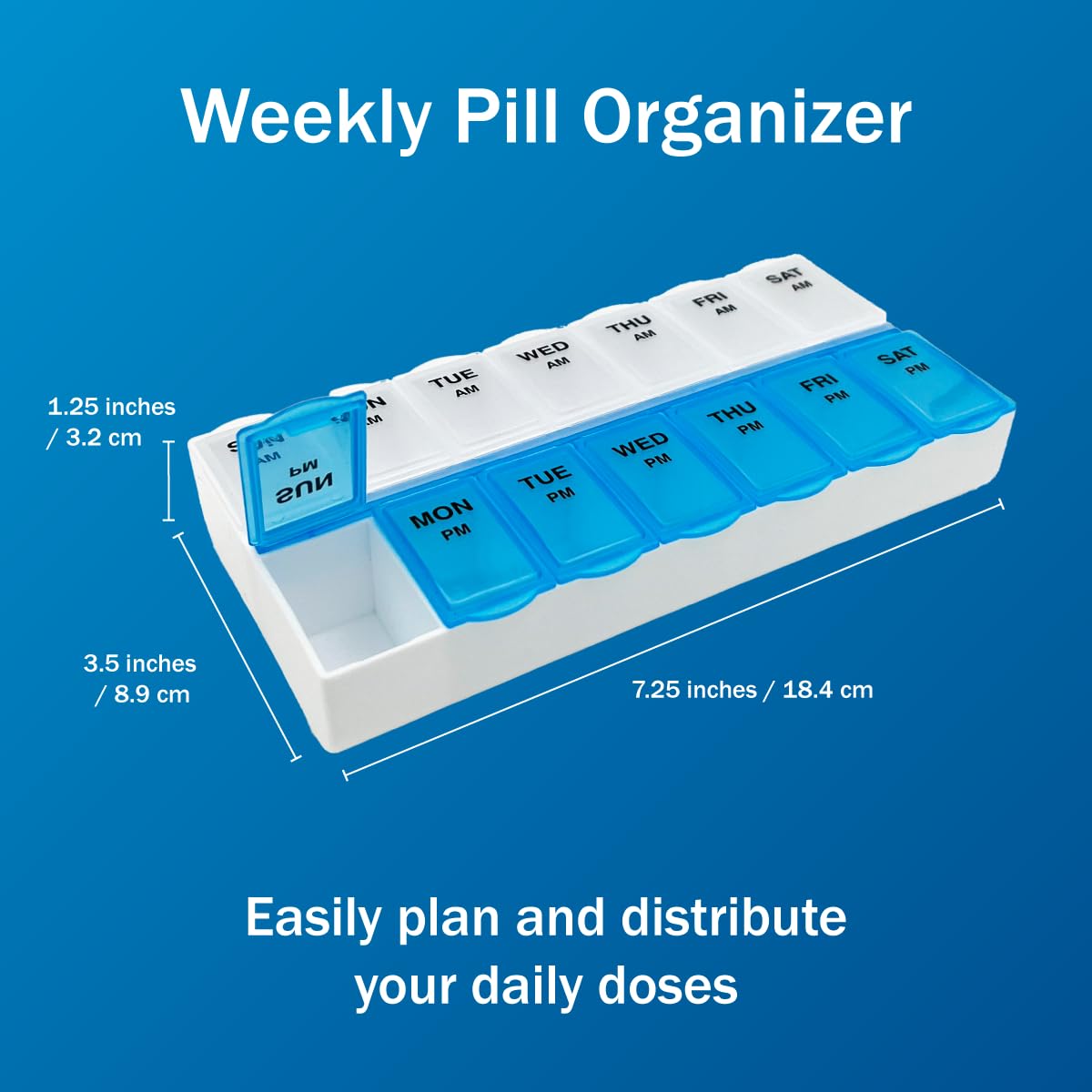 Amazon Basic Care (7-Day) AM/PM Pill Organizer, Vitamin Case, And Medicine Box, Large Compartments, 2 Times a Day, Blue and Clea