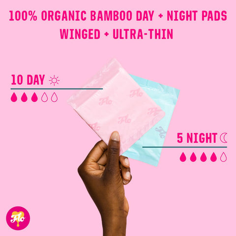 FLO - Organic Bamboo Pads, Day & Night Combo Pack, Feminine Care, Organic Menstrual Products, Plant-Based, Black-Owned, Absorben
