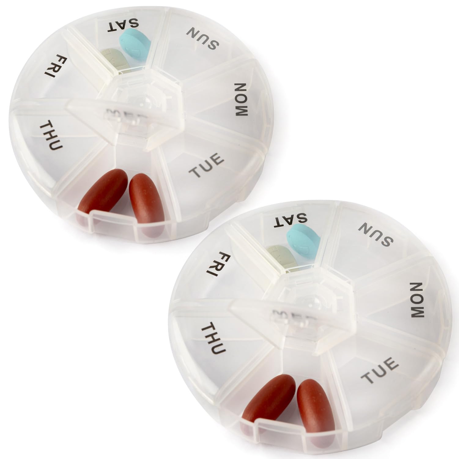 Deke Home - Round Portable Pill Box, Medicine Planner, Small 7 Day Weekly Travel Container, Medication, Vitamin Holder, Pillbox 