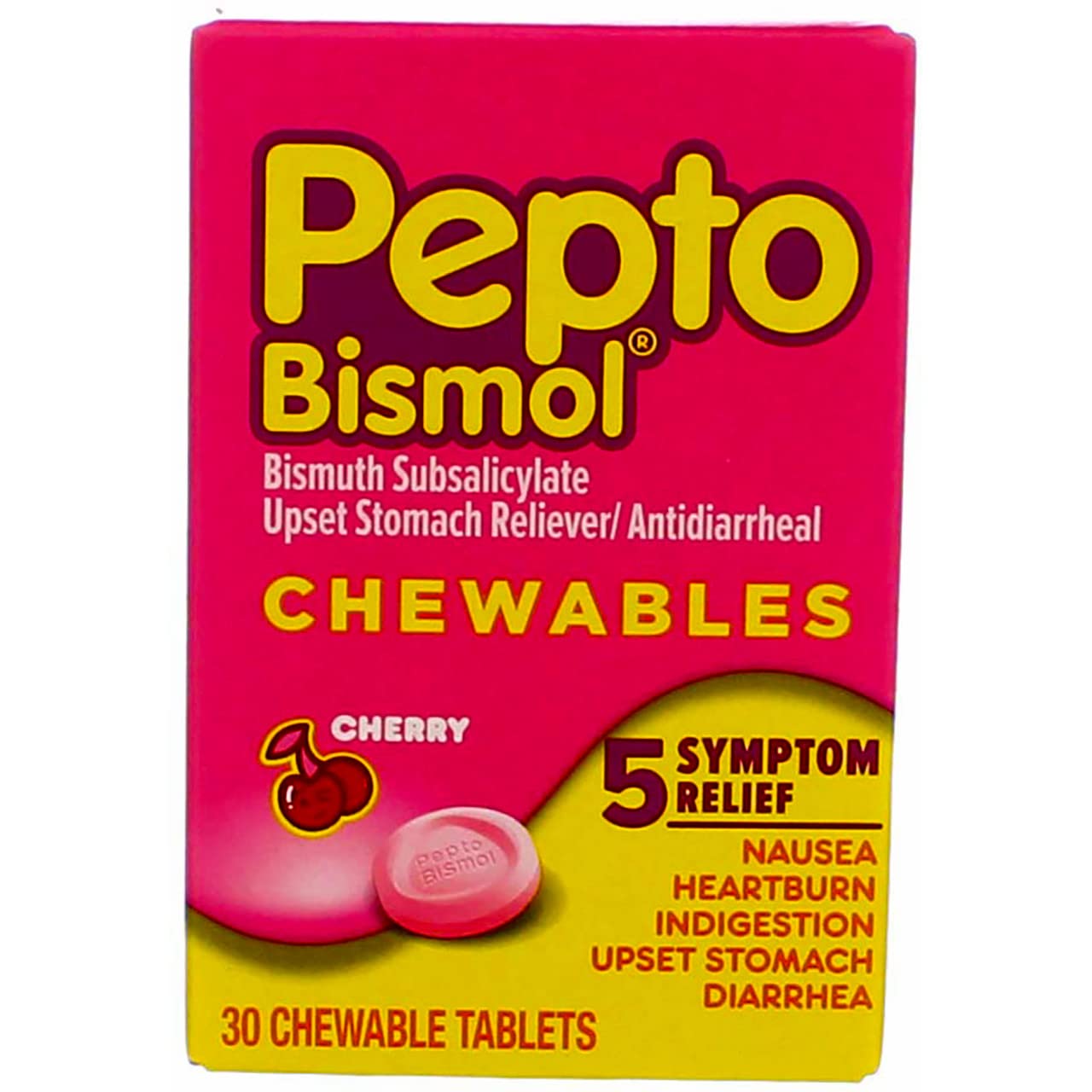 Pepto-Bismol 5 Symptoms Digestive Relief Chewable Tablets, Cherry 30 ea (Pack of 12)