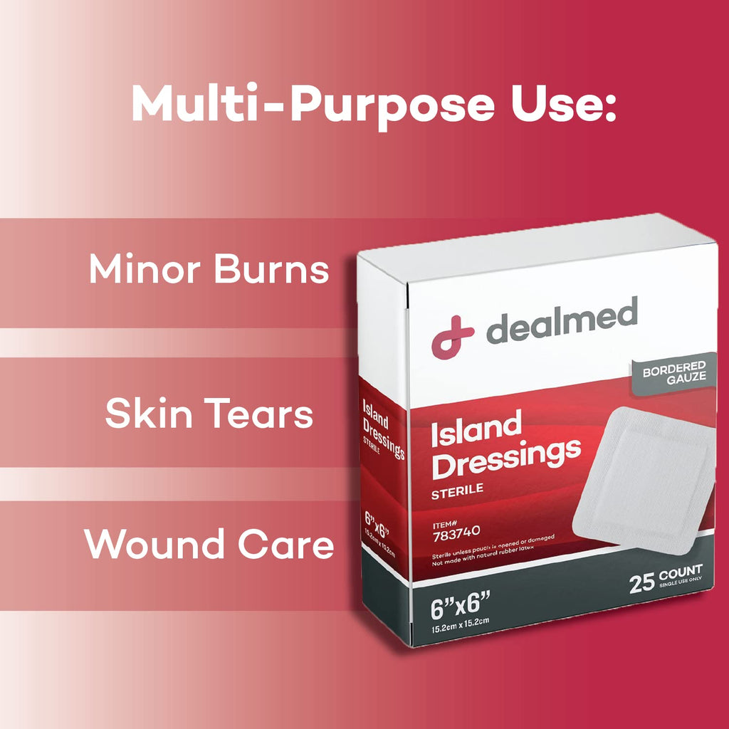 Dealmed Sterile Gauze Island Wound Dressing 6 x 6 Gauze Pads, Disposable, Latex-Free, Adhesive Borders with Non-Stick Pads First