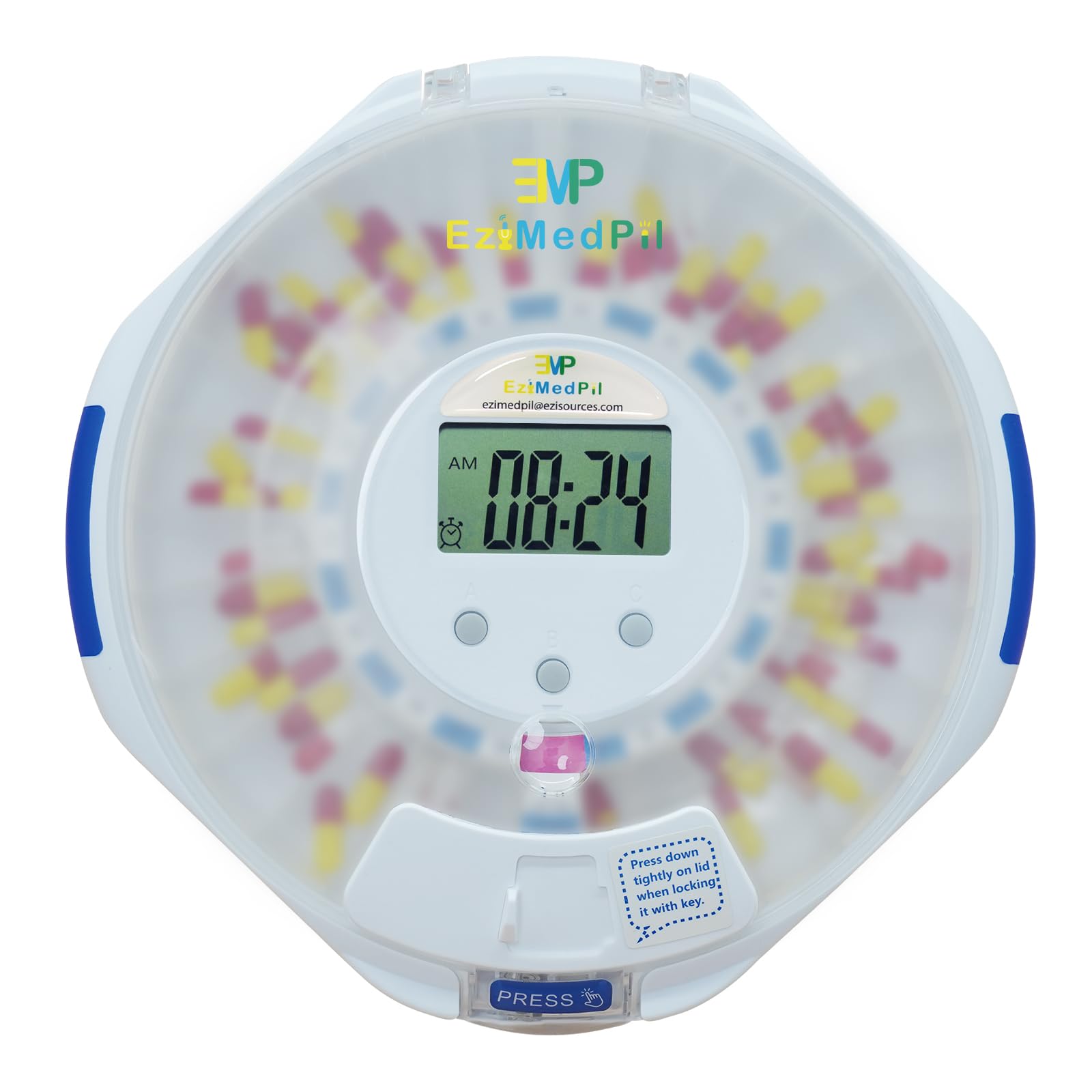 EziMedPil Automatic Pill Dispenser with Alarm, Sound & Light, up to 6 Alarms/Day, Easy-Read Display, 6 Dosage Templates, Locked 