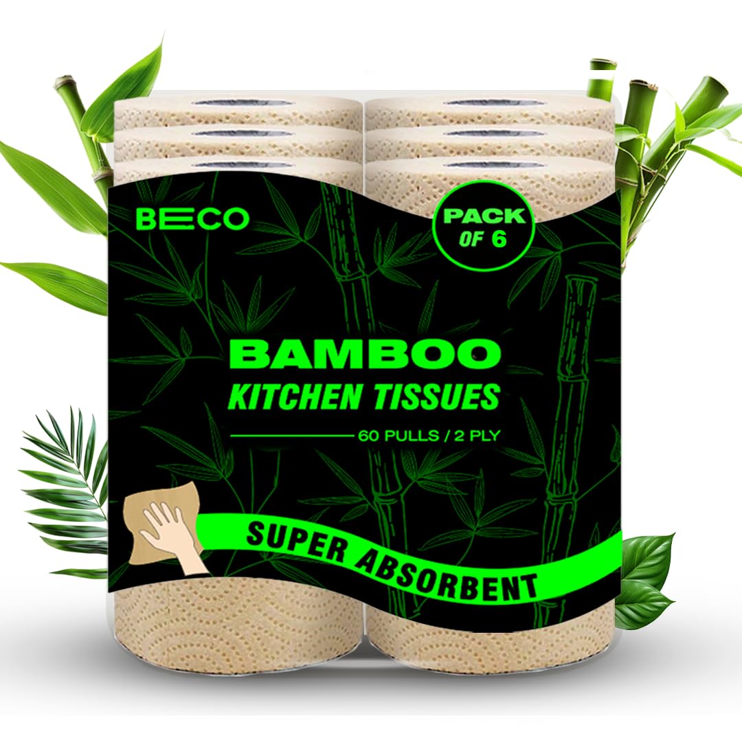 Beco 2 Ply Kitchen Towel Rolls | 360 Pull (60 Pulls X 6 Roll) | Super Absorbent |100% Ecofriendly Pure Bamboo Pulp | Chemical 