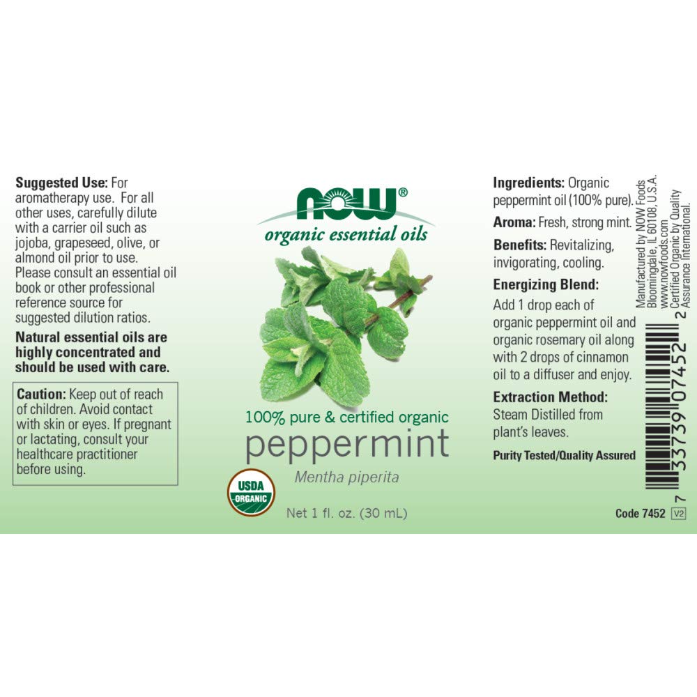 NOW Essential Oils, Organic Peppermint Oil, Invigorating Aromatherapy Scent, Steam Distilled, 100% Pure, Vegan, Child Resistant