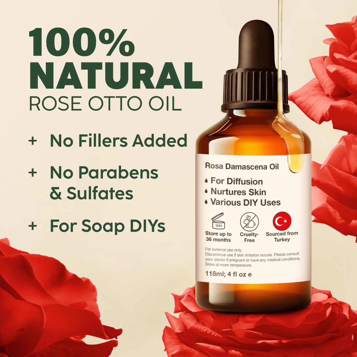 Kukka Rose Essential Oil for Skin, Face & Diffuser - 4 Fl Oz - 100% Pure Natural Rose Oil, Delicate Floral Scent, for Aromathera