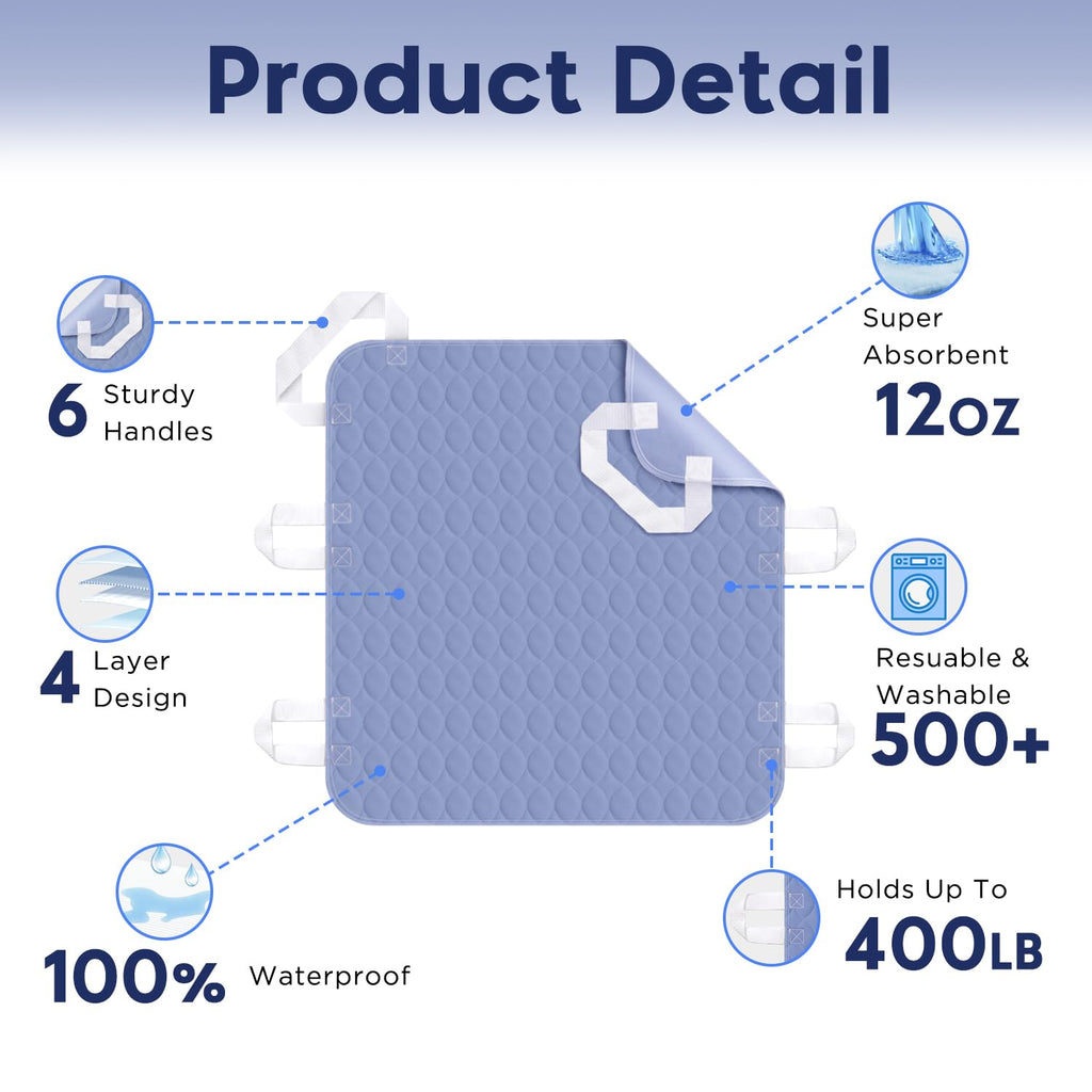2 Pack Positioning Bed Pad with Handles, 6 Sturdy Handle Washable Bed Pads for Incontinence, Waterproof, Reusable Underpads for