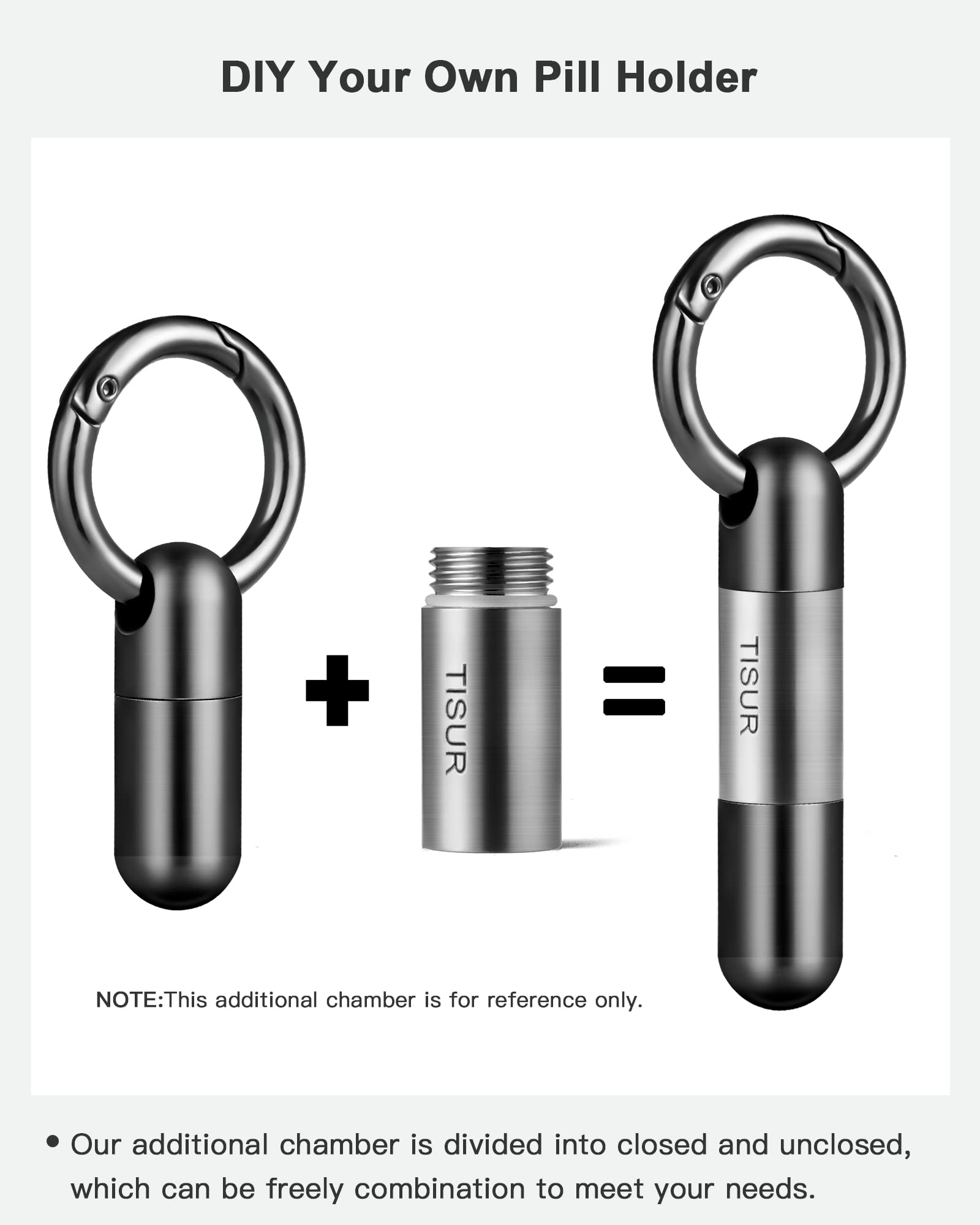 TISUR Tiny Keychain Pill Holder, Titanium Pill Case Waterproof Pill Fob for Travel Purse Pocket,Mini Pill Organizer Black