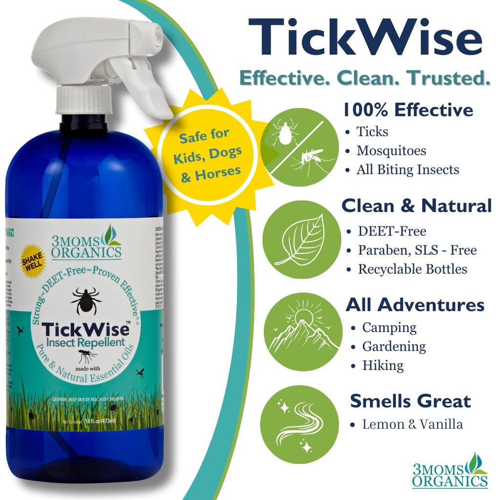 3 Moms Organics TickWise Insect Repellent, 32oz Extra Strength - DEET- Free, Tick and Insect Repellent, Plant Based Essential Oi