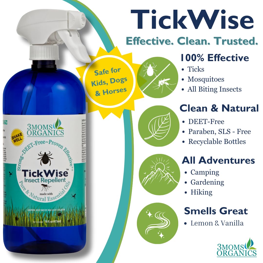 3 Moms Organics TickWise Insect Repellent, 32oz Extra Strength - DEET- Free, Tick and Insect Repellent, Plant Based Essential Oi