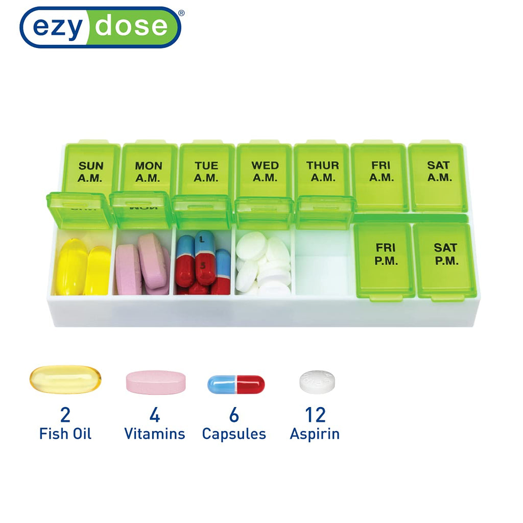 Ezy Dose Weekly (7-Day) AM/PM Pill Organizer, Vitamin Case, and Medicine Box, Medium Compartments, 2 Times a Day, Green, 67375GA