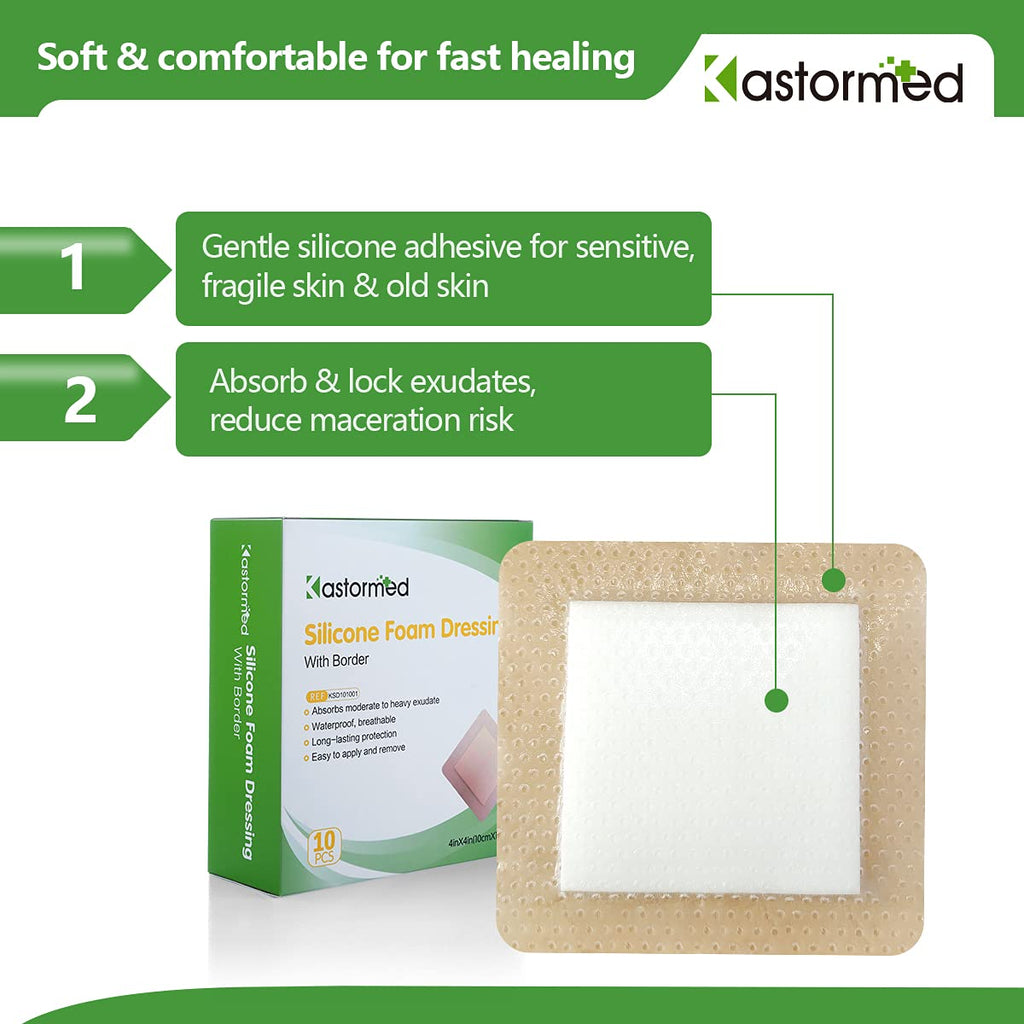 kastormed Silicone Adhesive Foam Dressing with Gentle Border 4x4 10 Pack, High Absorbency Foam Wound Bandage for Bed Sore, L