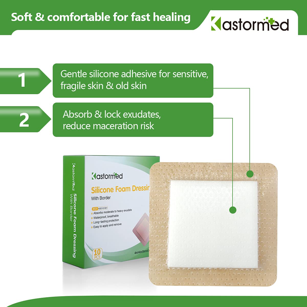 kastormed Silicone Adhesive Foam Dressing with Gentle Border 4x4 10 Pack, High Absorbency Foam Wound Bandage for Bed Sore, L