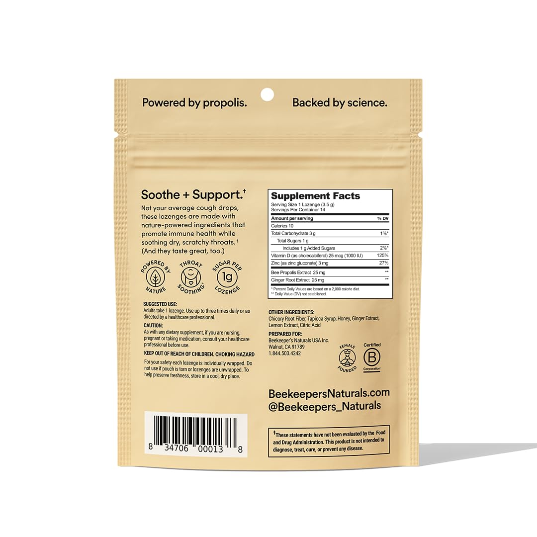 Beekeepers Naturals Soothing Honey Ginger Lemon Cough Drops - Immune Support with Vitamin D, Zinc and Propolis Throat Soothing