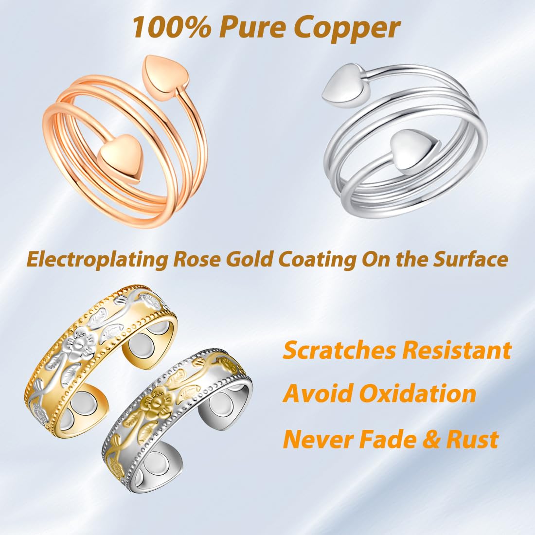 Vicmag Copper Magnetic Ring for Women, Magnetic Rings Ladies Fingers Thumb 100% Solid Pure Copper Jewelry Gift Adjustable(4PCS L