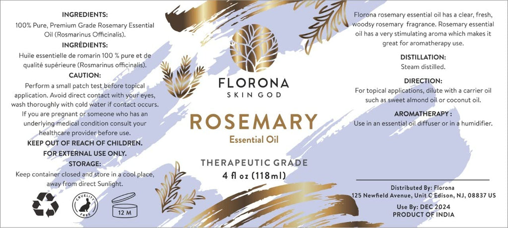 Florona Rosemary Essential Oil - 100% Pure & Natural - 4 oz, Rosemary Oil for Hair & Skin Care, Aromatherapy & Candle Making