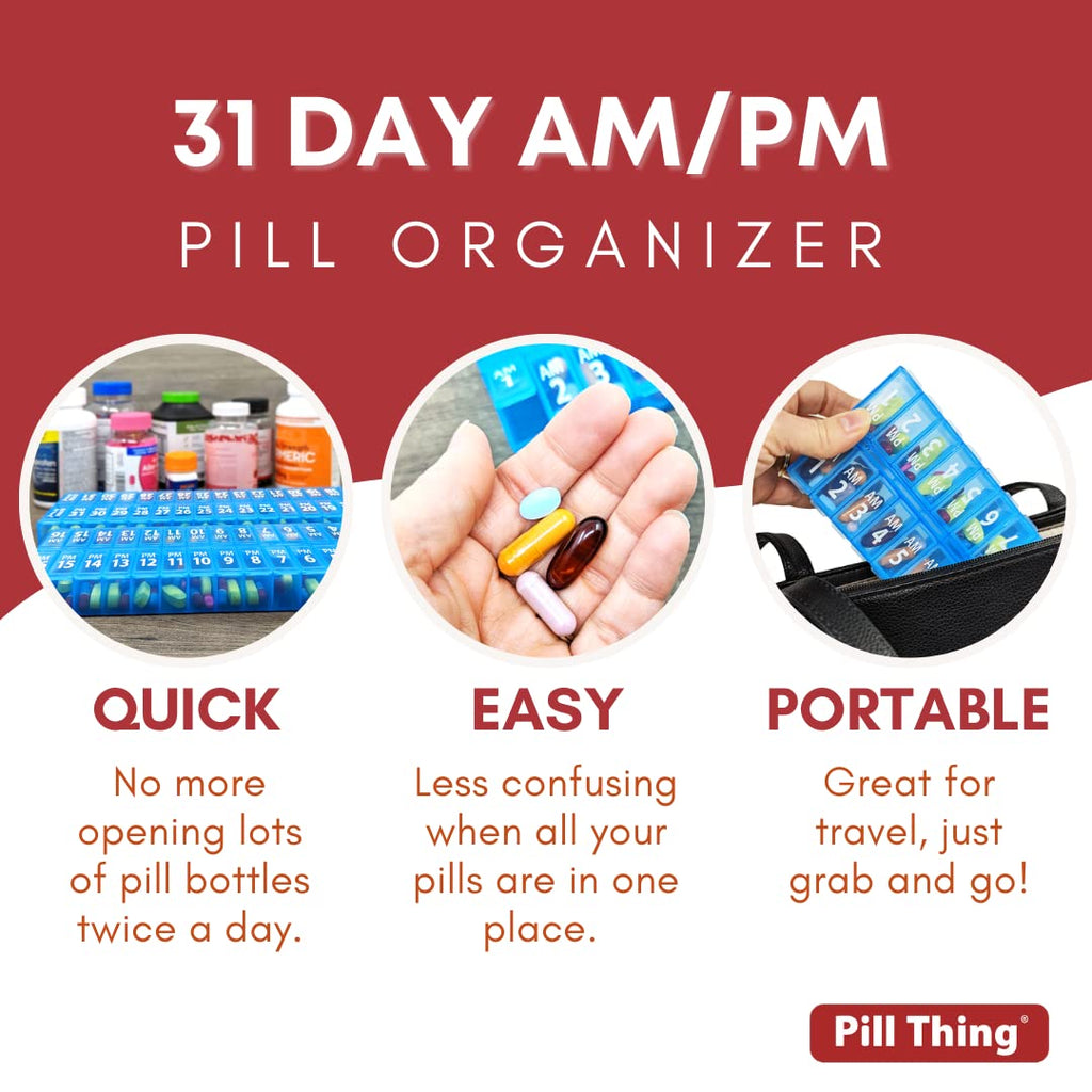 Twice-a-Day Monthly Pill Box Planner Set - AM & PM Medication Organizer for 31 Days! Set Contains 2 Organizers for One Month. (B