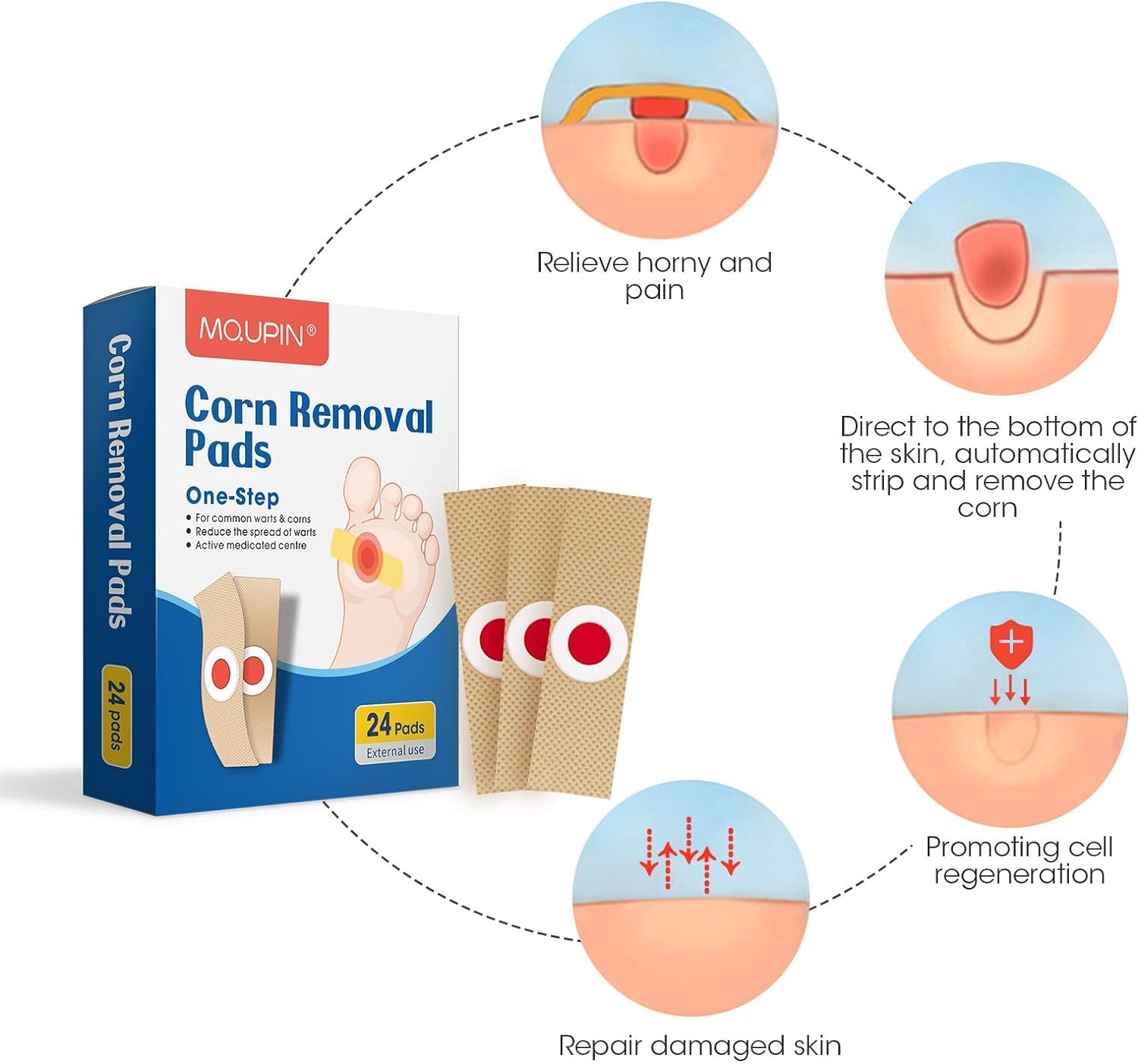 MQUPIN 24 Pack Maximum Strength Corn Removers for Feet and Toes, Plaster With Hole, One Step Pads