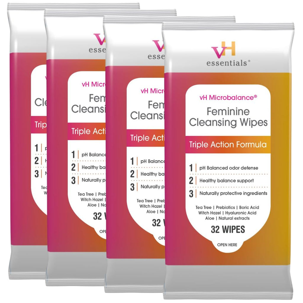vH essentials Feminine Cleansing Wipes, 32 ct. 4 pk - pH Balanced, Prebiotics, Tea Tree & Aloe, Soothing Witch Hazel, Odor-Block