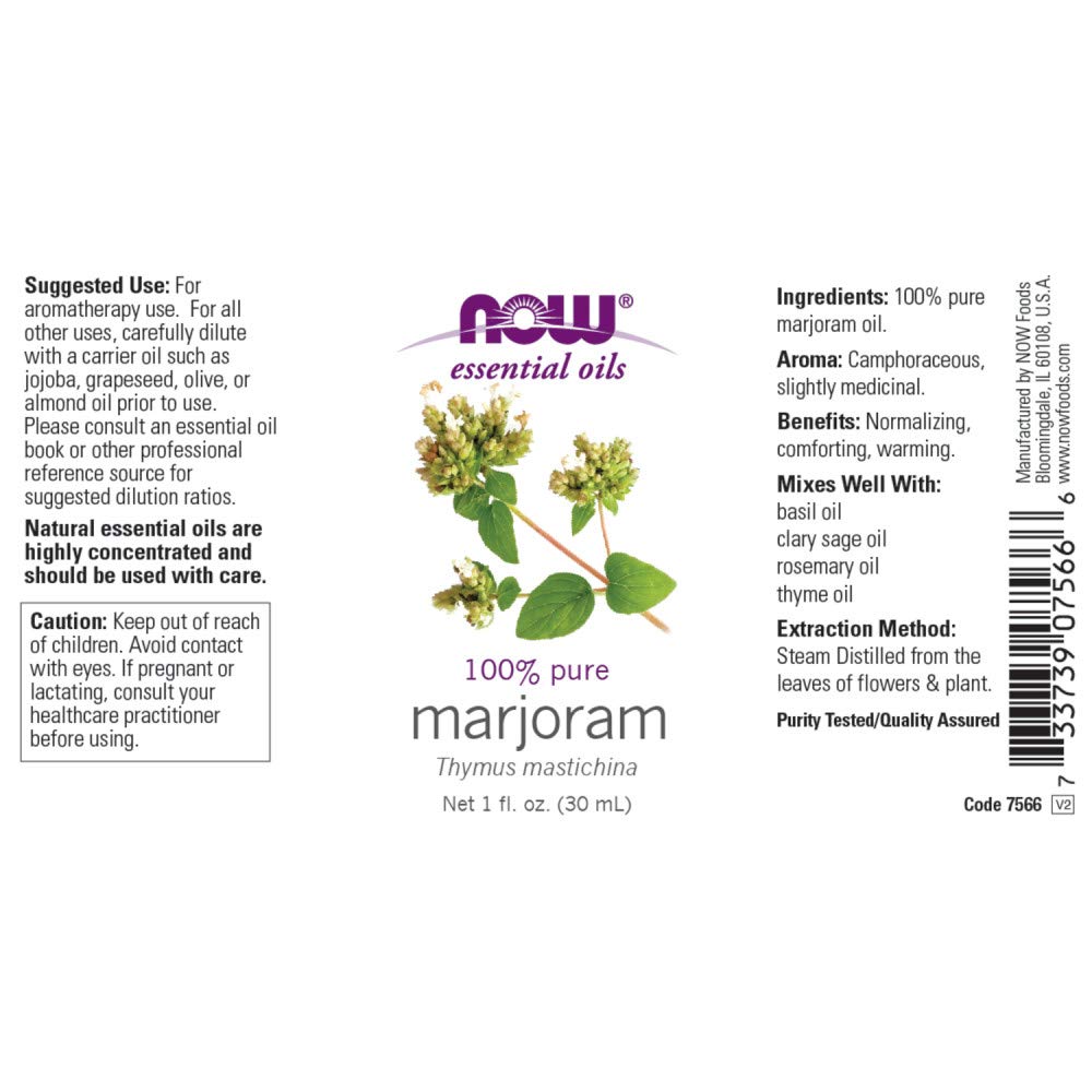 NOW Essential Oils, Marjoram Oil, Normalizing Aromatherapy Scent, Cold Pressed, 100% Pure, Vegan, Child Resistant Cap, 1-Ounce