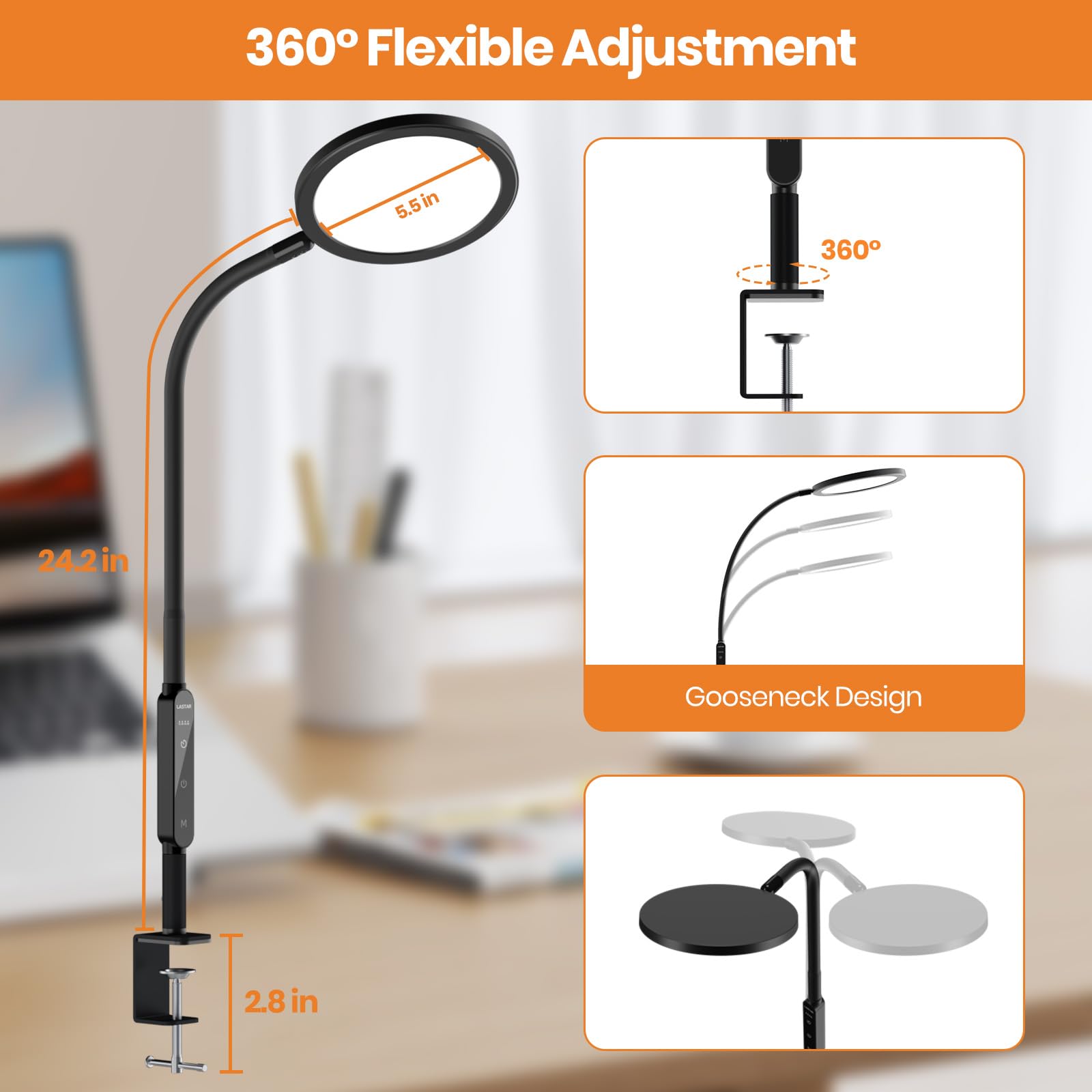 LASTAR LED Desk Lamp with Clamp, Remote Control & Touch, Desk Lamp for Home Office 5 Brightness/4 Colors/4 Timer/Memory/ 360 Fle