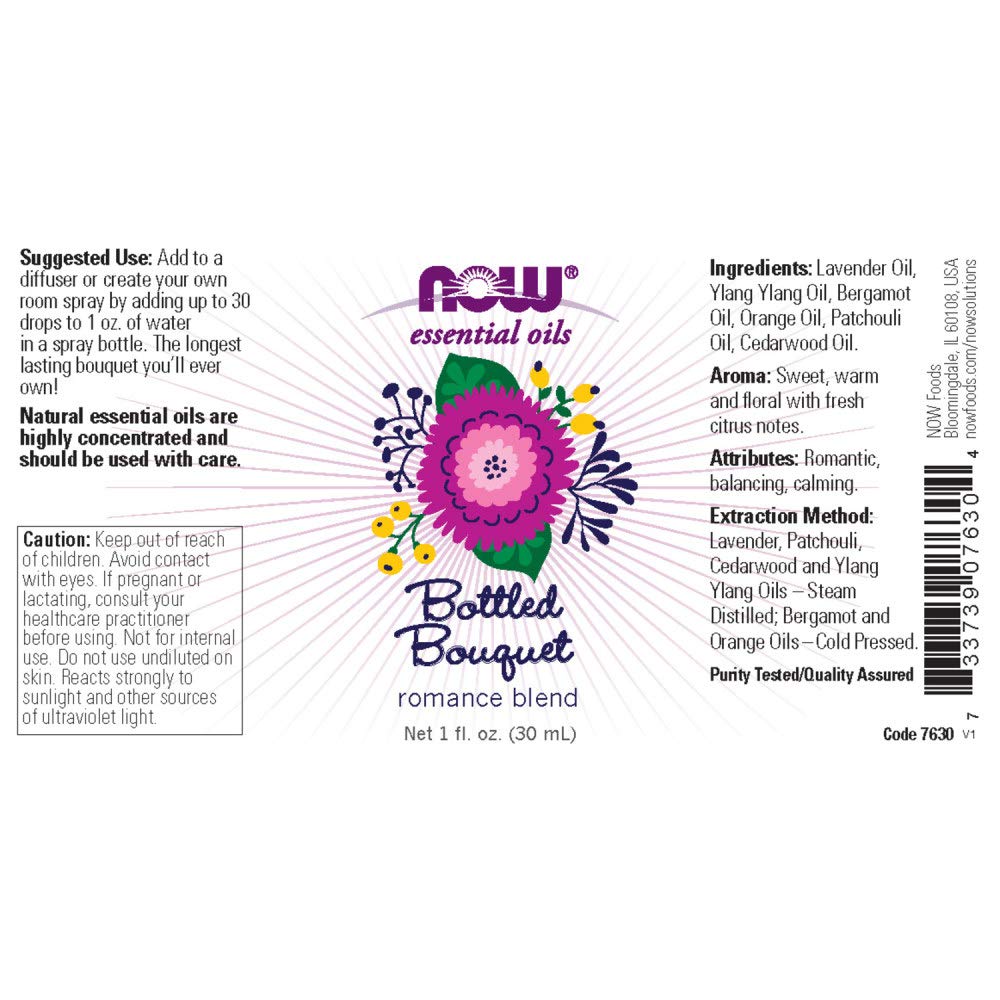 NOW Essential Oils, Bottled Bouquet Oil Blend, Floral Aromatherapy Scent, Blend of Pure Essential Oils, Vegan, Child Resistant C