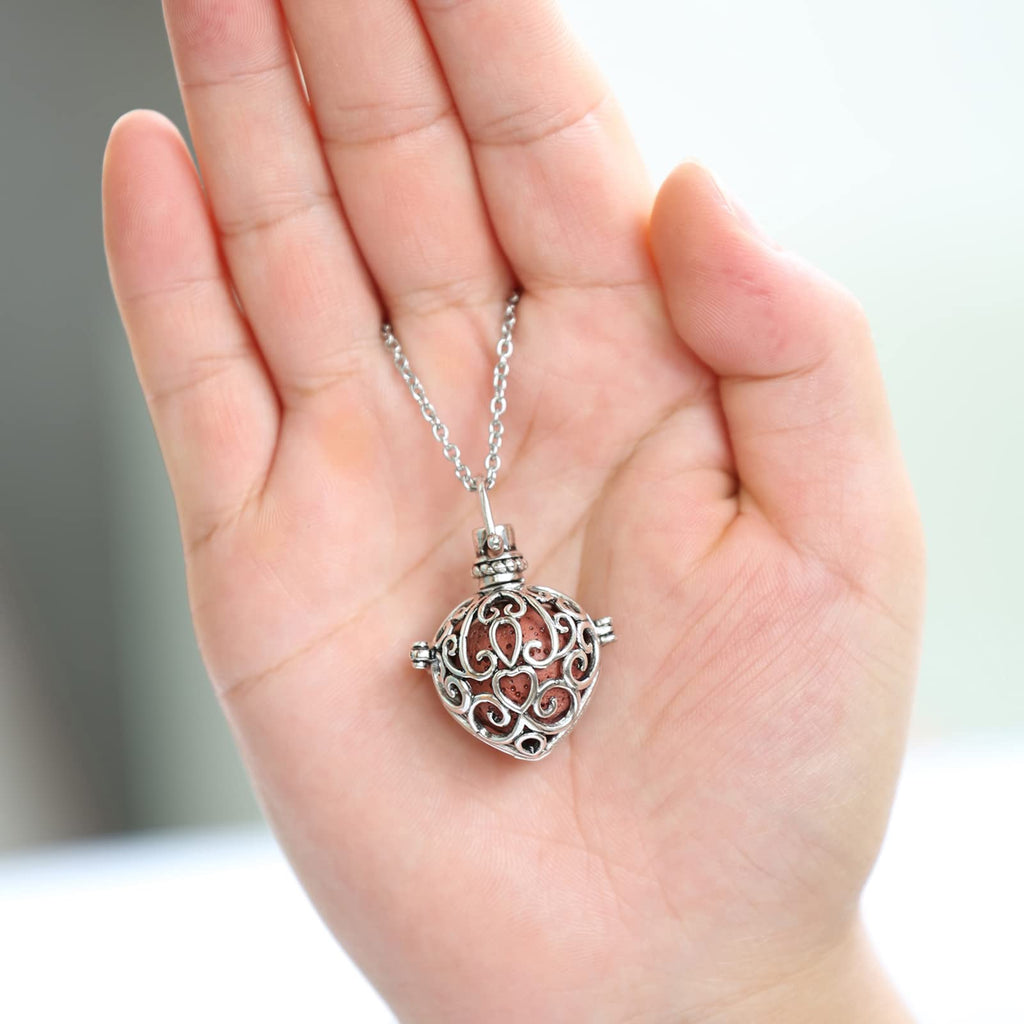 HEDQFM 2PCS Aromatherapy Essential Oil Diffuser Necklace Love Heart and Hollow Ball Locket Pendant Necklace with Lava Bead Stone