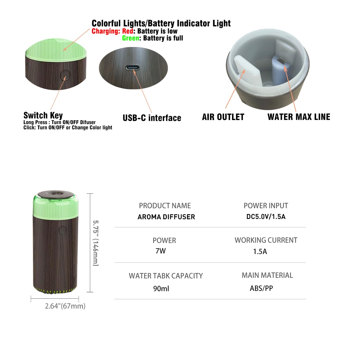 Unee Upgrade Car Diffuser,90ml USB Rechargeable Aroma Essential Oil Aromatherapy Humidifier Diffuser(Built-in Battery Dark Grey