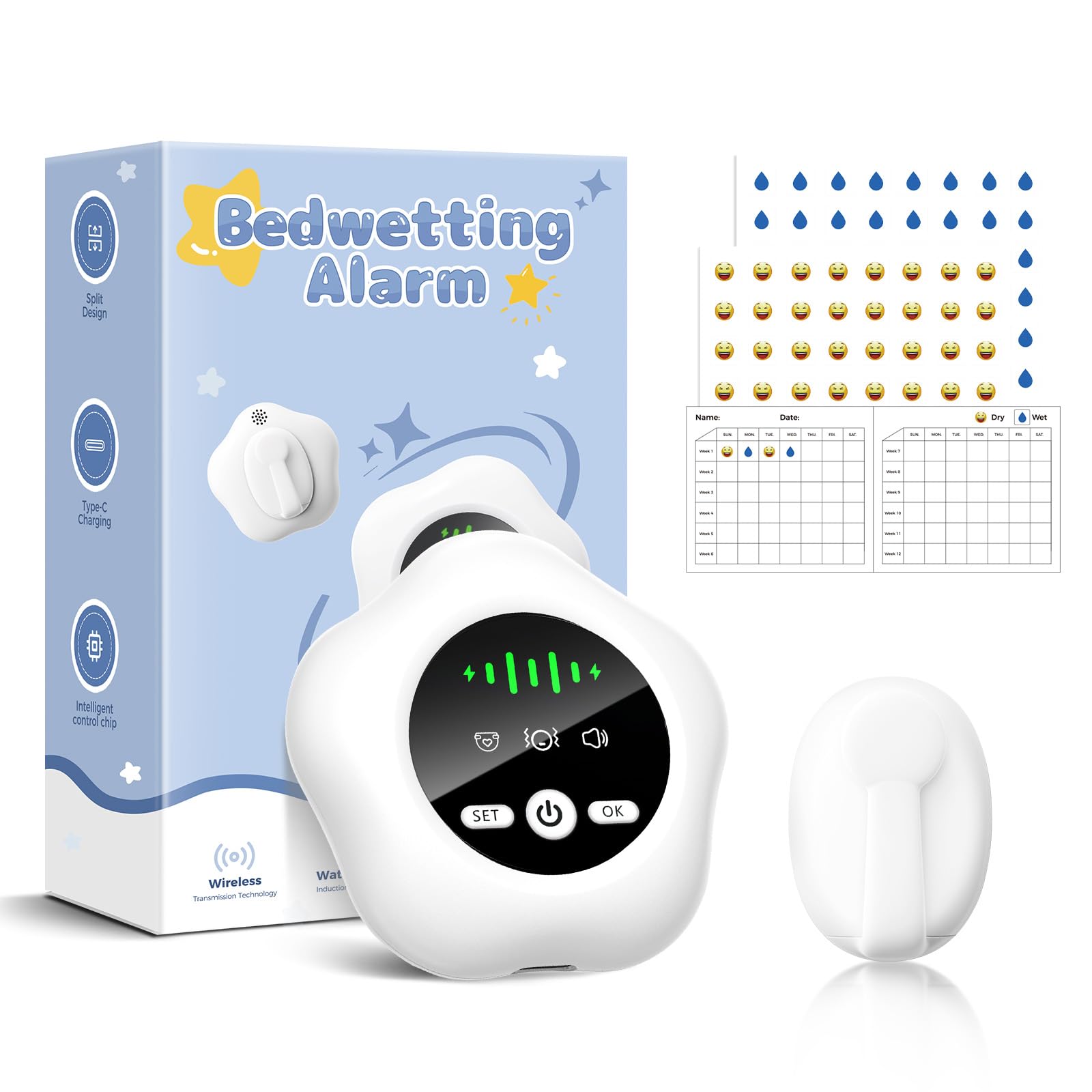Bedwetting Enuresis Alarm Wireless for Boys and Girls,Compact & Comfortable Wireless Sensor Proven Solution for Bedwetters.Inclu