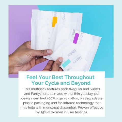 NannoPad Multipack Pads and Pantyliners - Made with Certified Organic Cotton - Regular, Super and Pantyliners for Full-Cycle Pro